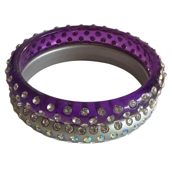 Bling Purple Silver 3 Row Rhinestone Acrylic Bangles Set of Two Fashion Jewelry - Picture 4 of 4